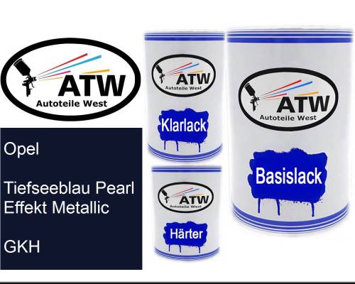 Opel, Tiefseeblau Pearl Effekt Metallic, GKH: 500ml Lackdose + 500ml Klarlack + 250ml Härter - Set, von ATW Autoteile West.
